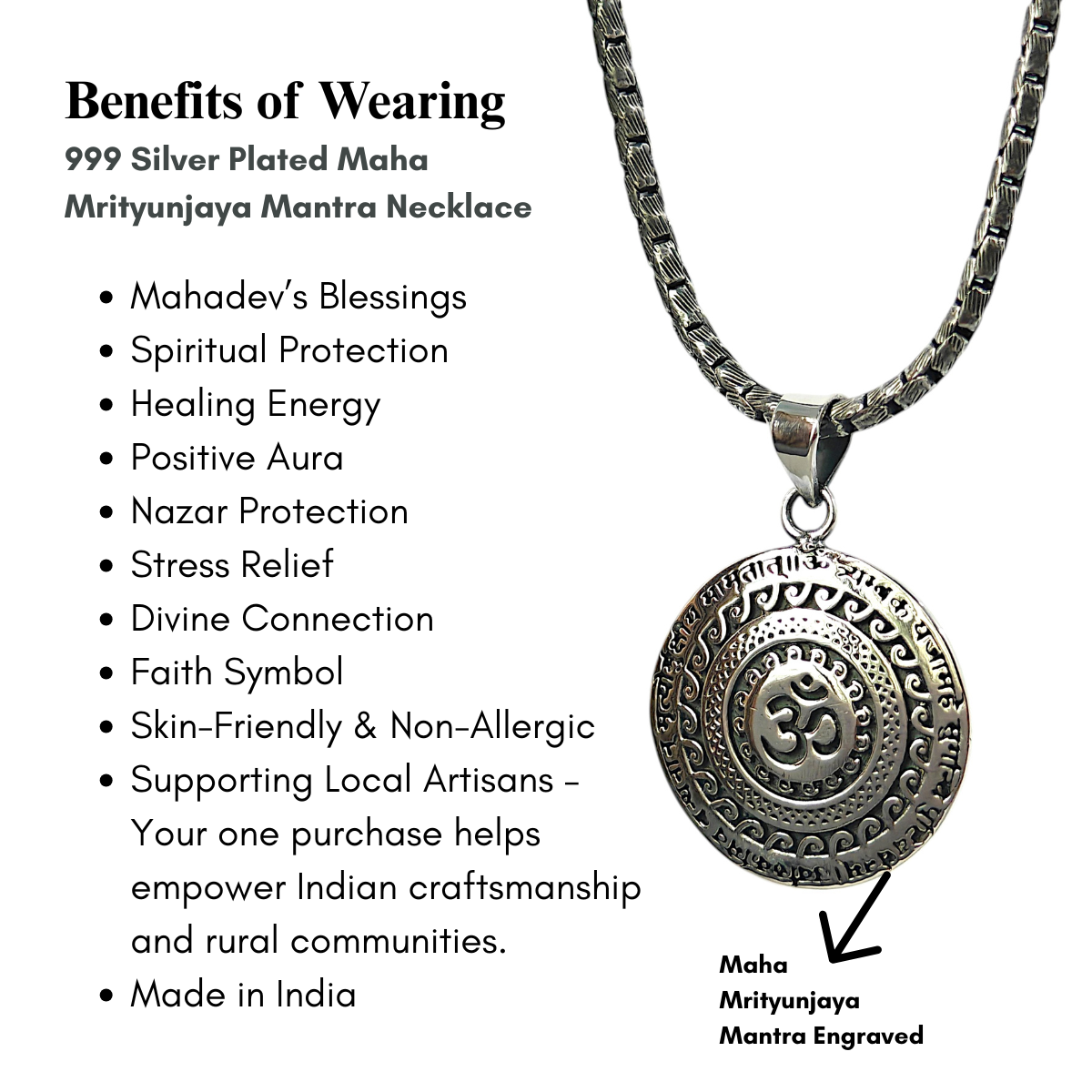 999 Pure Silver Plated Maha Mrityunjaya Mantra Necklace