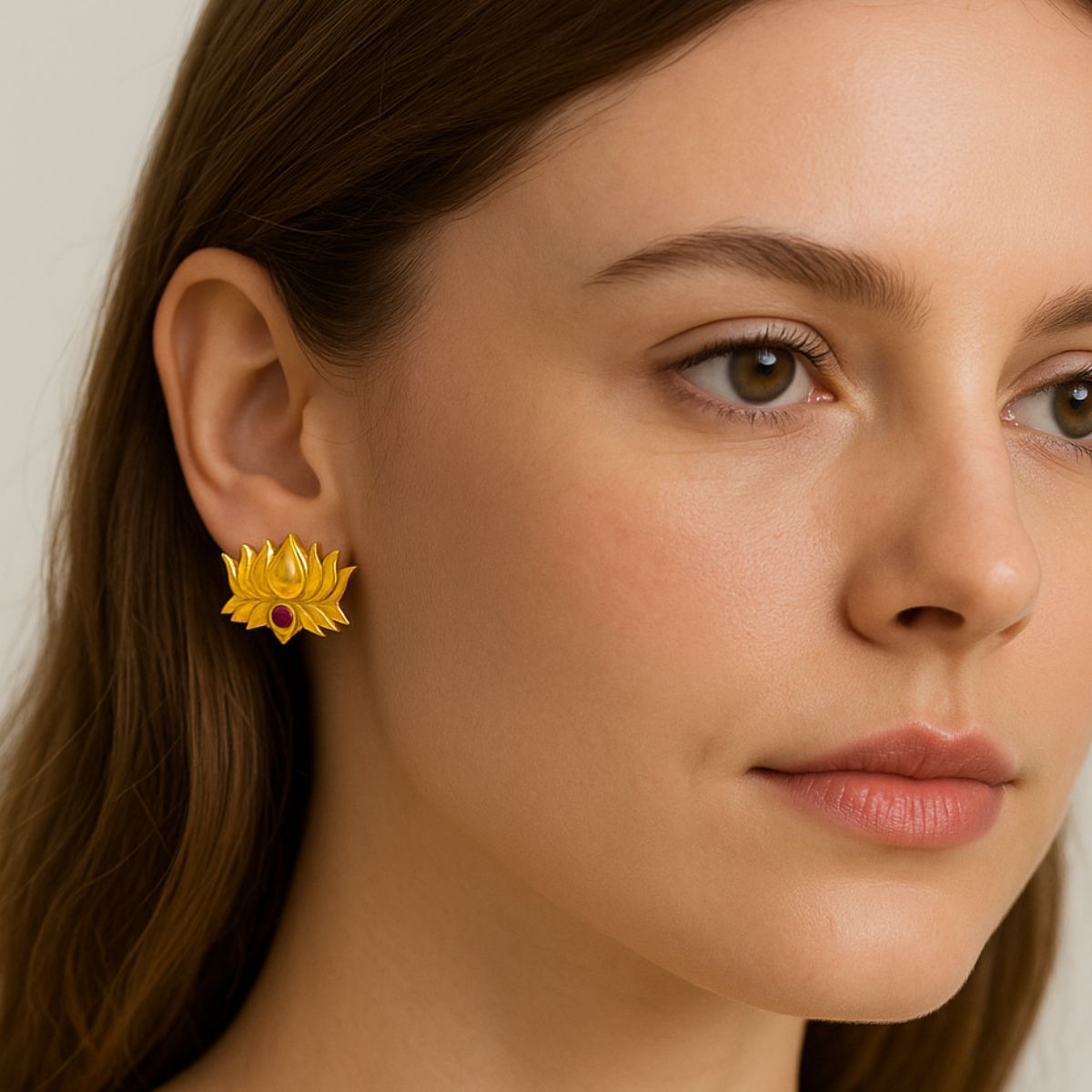 Lotus Stud with Garnet Stone in 18K Gold Plating