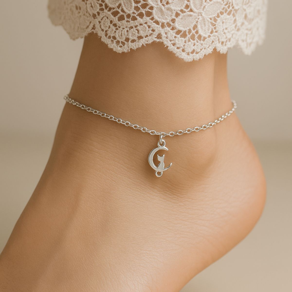 Celestial Cat Anklet with 999 Pure Silver Plating
