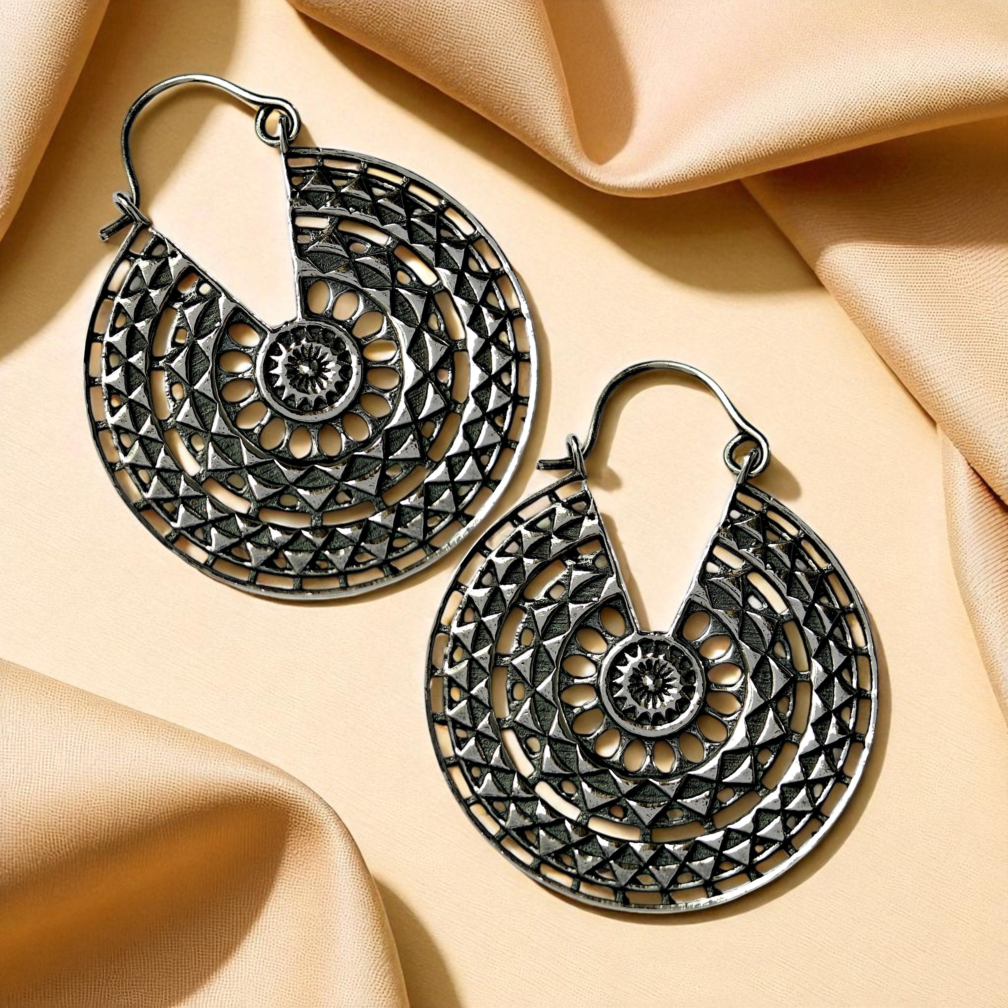 Oxidised Mandala Tribal Hoop Earrings