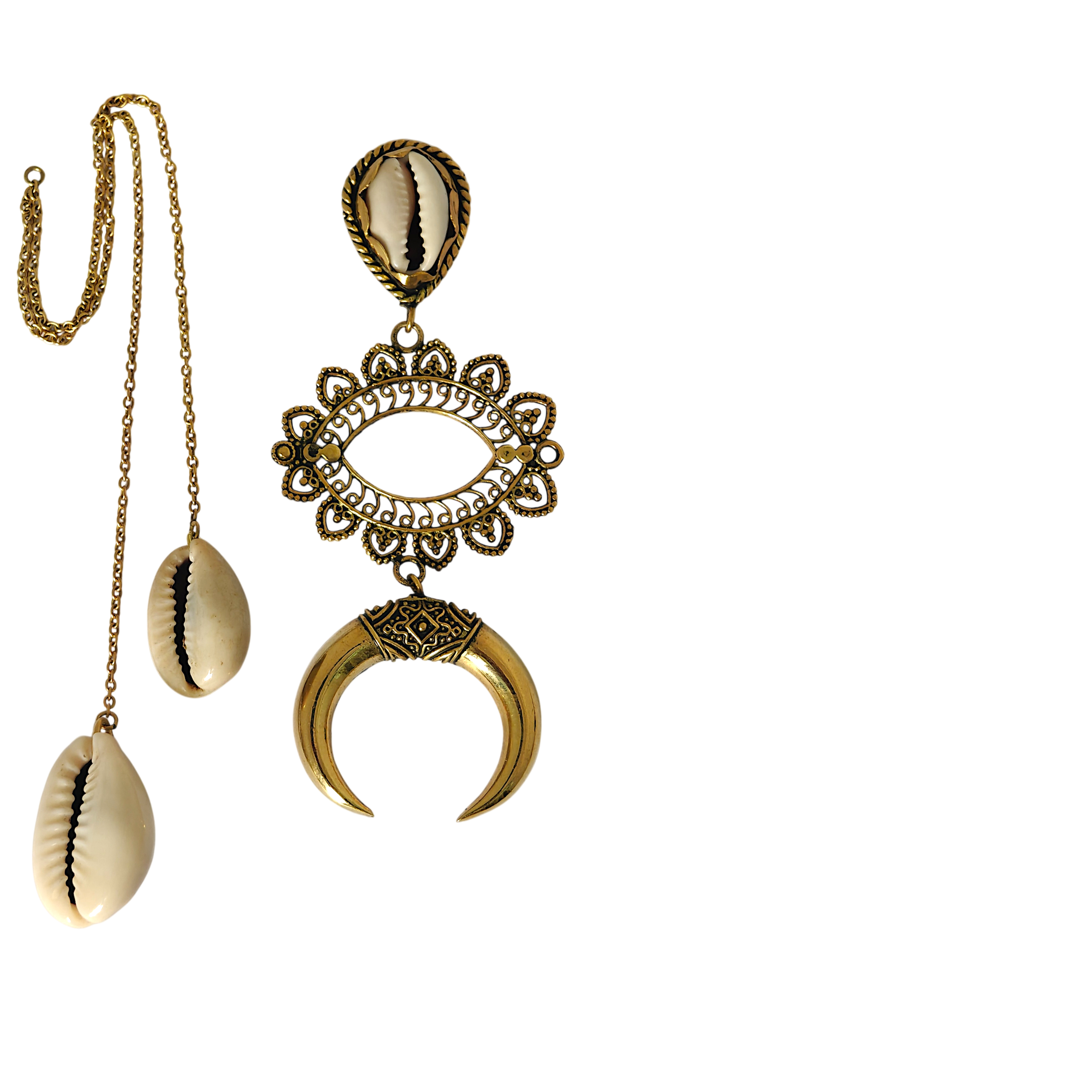Tribal Cowrie Crescent Earrings with Detachable Drops
