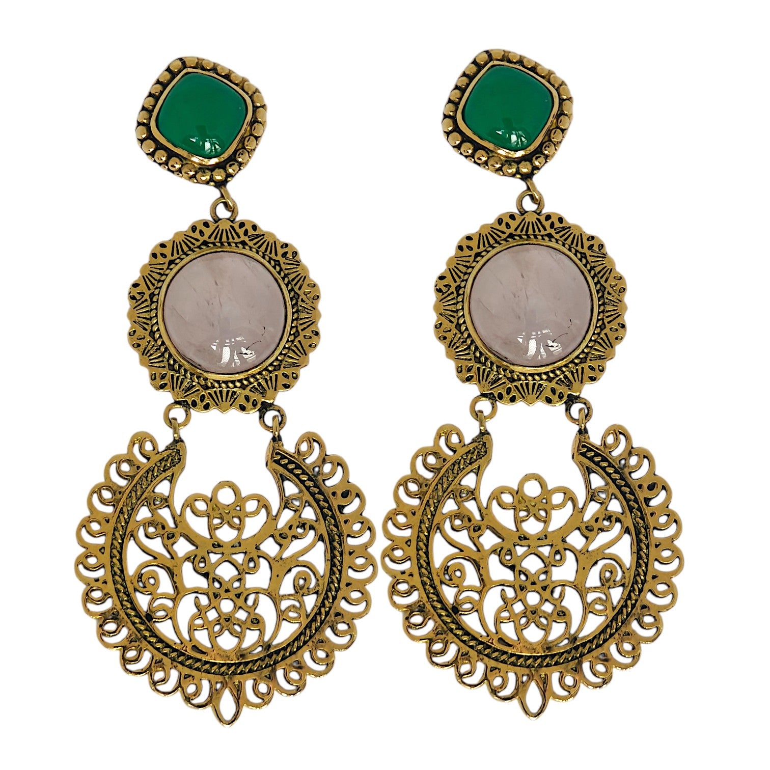 Tribal Mandala Detachable Chain Long Earrings in Gold Antique Plating